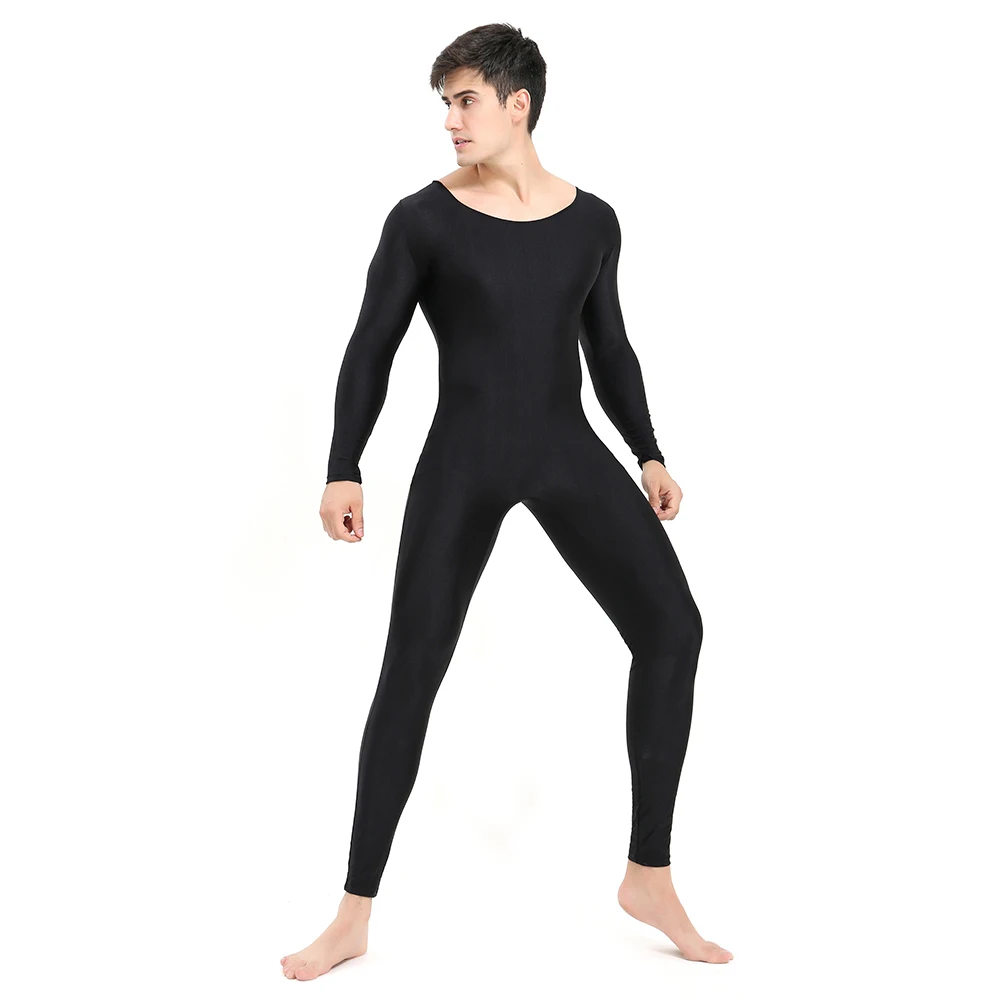 AOYLISEY Adult Black Long Sleeve Unitard Spandex Womens Full Body Bodysuits Scoop Neck Spring Jumpsuit Men Zentai Dance Wear