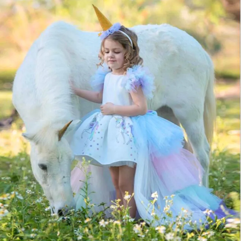 New Girls Unicorn 2pcs Dress Set Baby Girl\'s Princess Brithday Christmas Party Dress Children Kids Clothing for 2 4 6 8 10 years