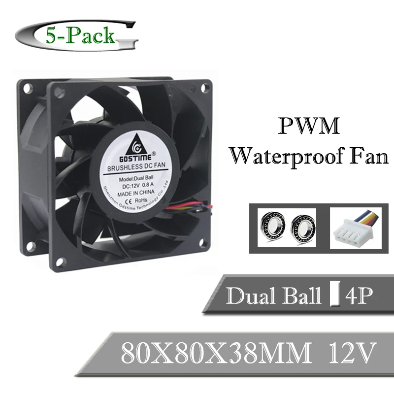 

5PCS Gdstime 8038 DC 12V 8cm 80mm Ball Bearing Waterproof Cooling Fan 80x80x38mm PWM 4Pin Inverter Cooler Cooling