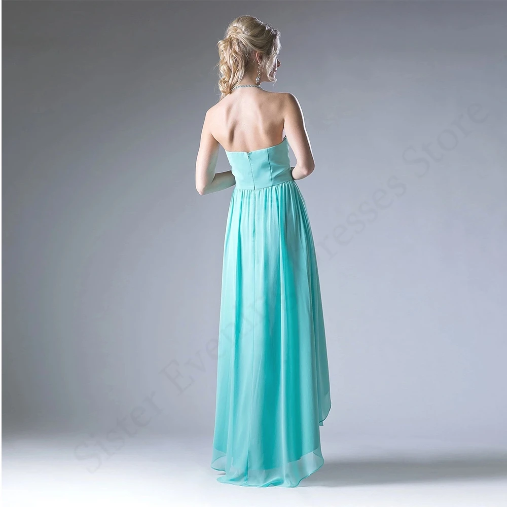 Strapless Spaghettibandjes Blue Floor-Length Prom Jassen Mouwloze Chiffon Plooi A-lijn Avondjurken Voor Vrouwen Zipper Terug