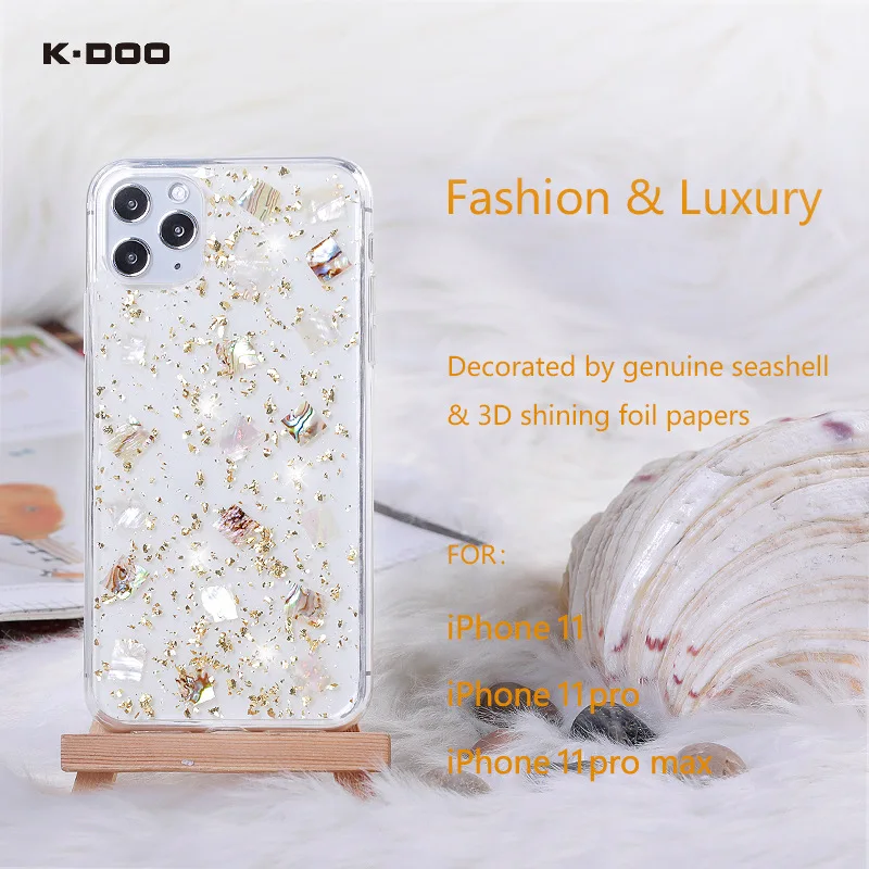 K-DOO Flash Antiskid Mobile Phone Cover, Bling Foil Papers, Antiskid Genuine Seashell Soft Case for iPhone 11, 11Pro, 11Promax