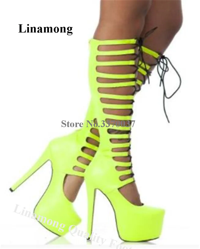 Linamong Sexy Round Toe Lemon Yellow Suede High Platform Stiletto Heel Gladiator Boots Cut-out Lace-up Long Sandal Boots