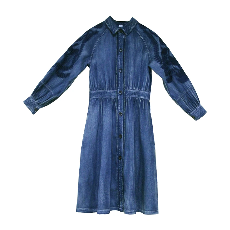 Vrouwen Jurk 2020 Yuzi. kan Boho Nieuwe Denim Vrouwen Jurken Turn-Down Kraag Lantaarn Mouwen A-lijn Vestidos A82202 Vintage Vestido