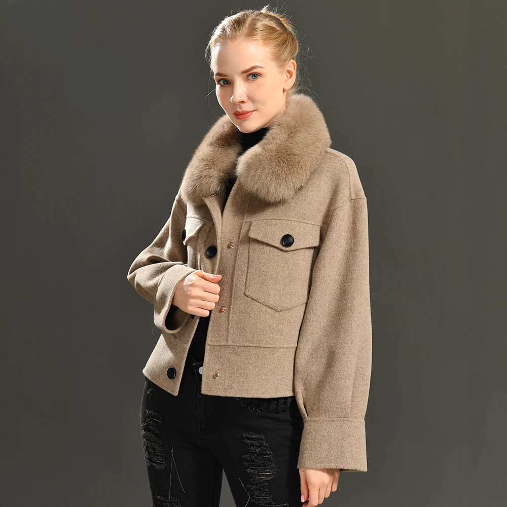 Jxwatcher Cashmere Wool Coat with Big Real Fur Collar Winter Jacket Pocket Full Sleeves Women Cropped Wool Outerwear Streetwear