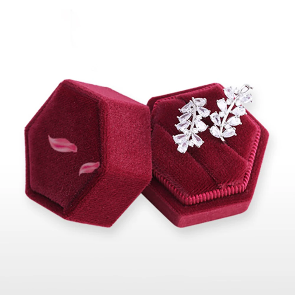 Hexagon Shape Velvet Jewelry Box Double Ring Storage Box Wedding Ring Display For Woman Gift Earrings Packaging