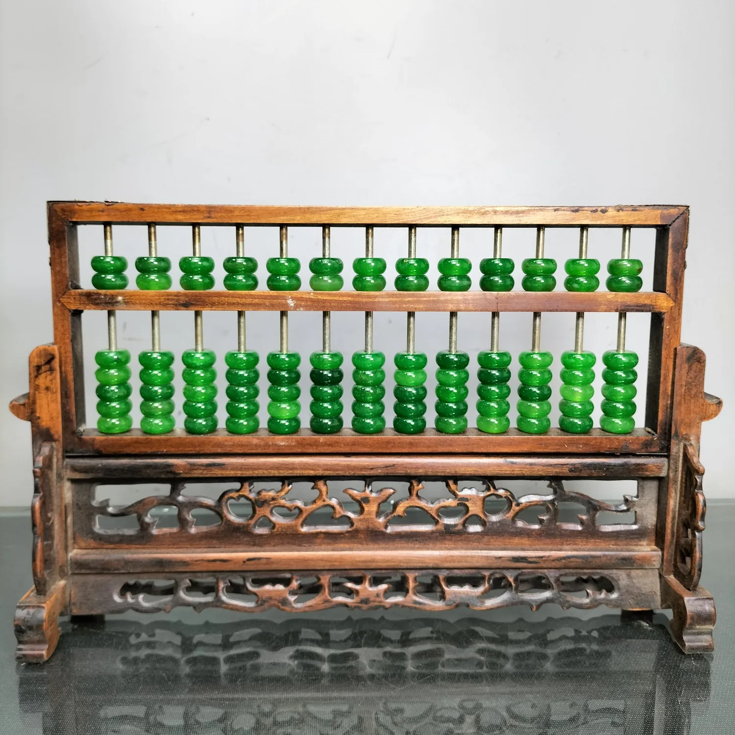 

13"Tibetan Temple Collection Old Rosewood Sculpture Hollow out Jade jade Beads abacus Wangcai table plaque screen Ornaments