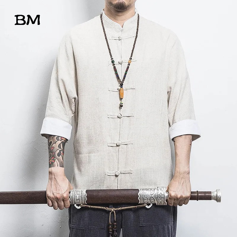 Chinese Style Shirt Ancient Style Wu Dang Clan Cotton Linen Buckle Short Sleeves Men Solid Color Tang Suit Summer Clothing