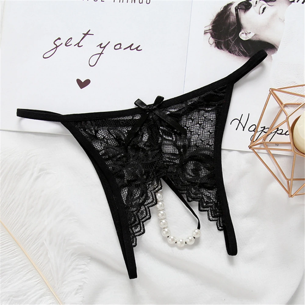 Large Size Erotic Panties Thongs Sexy Lace Transparent Underwear for Sex Ladies Crotchless Lingerie Open Pearls Crotch G-String