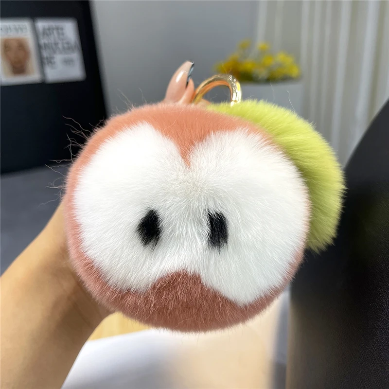 9CM Fashion Real Rex Rabbit Fur Apple Cute Plush Ball Kids Bag Pendant Ornaments Women's Car Key Metal Rings Toy Trinkets Gift