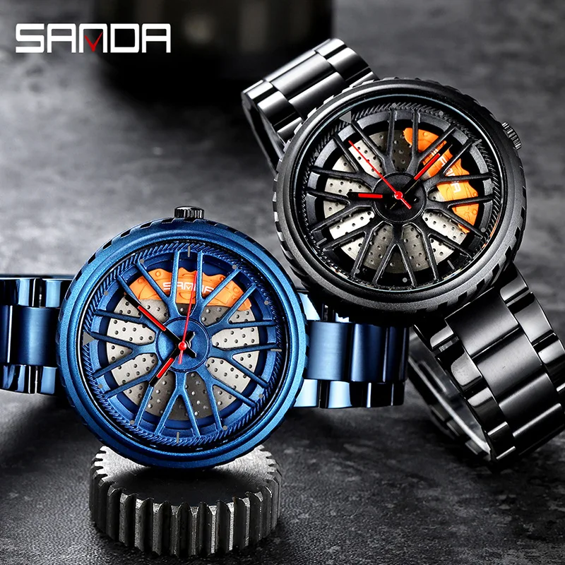 

New Steel Band Men's Watch Life Waterproof Quartz Wristwatch Personality Round Car Wheels Creative Male Clock Relogio Masculino