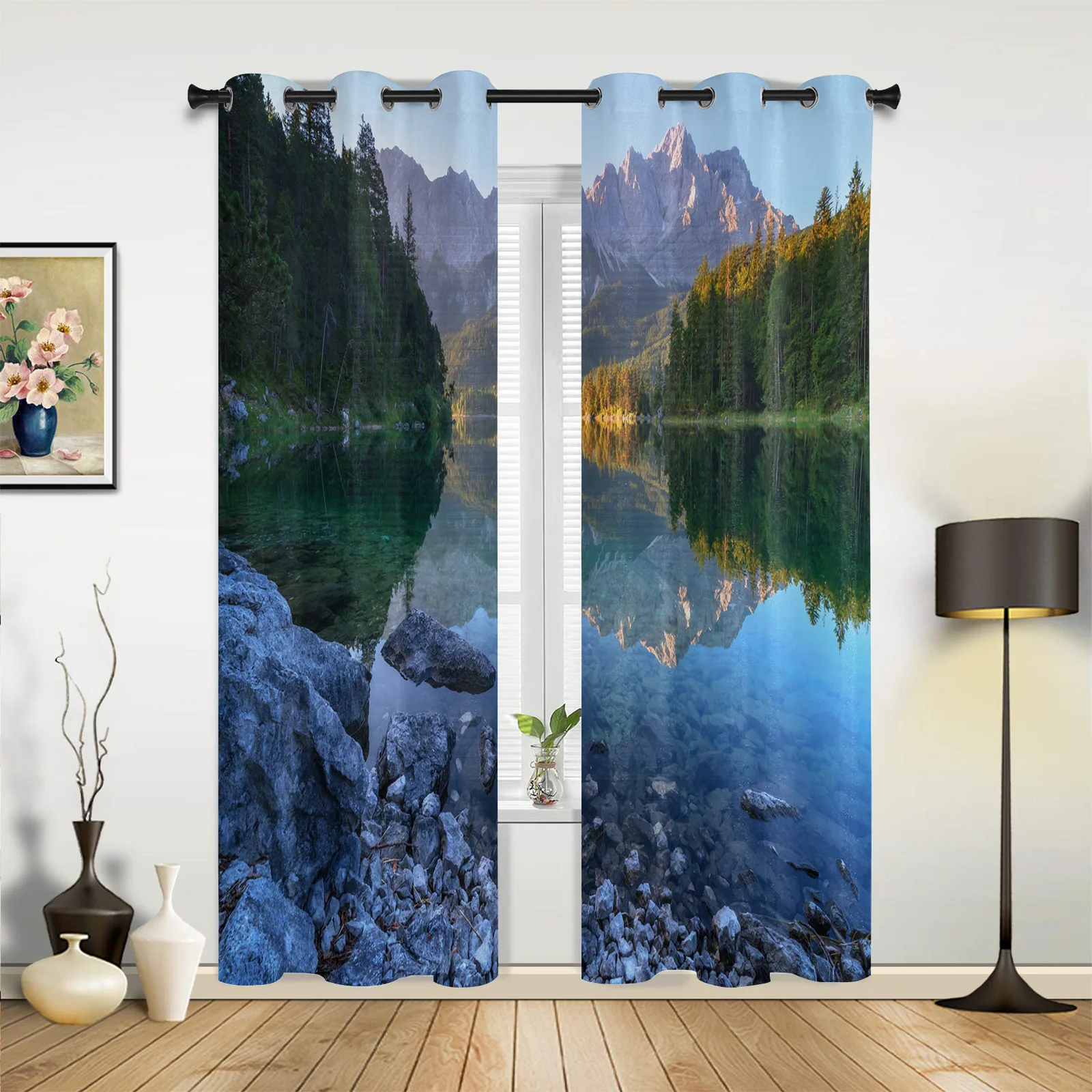 Lake Trees Mountain Peaks Kitchen Curtain Kids Bedroom Living Room Balcony French Windows Curtain Fabric Pergola Bathroom