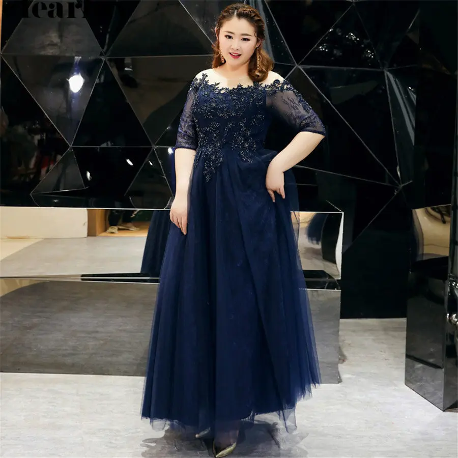 Avondjurken Lange Navy Blue Vintage Robe De Soiree T528 2019 Nieuwe Plus Size Elegante Vrouwen Feestjurken Kant Formele prom Gown