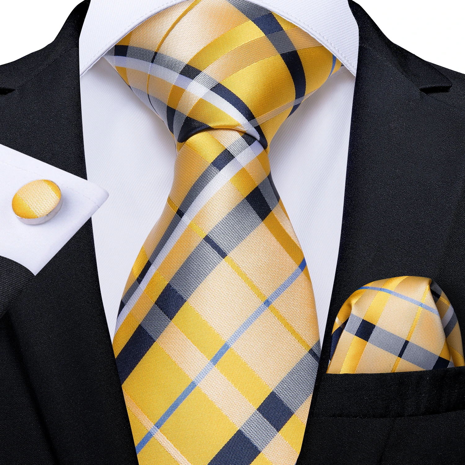 Plaid Men's Tie Set Yellow Purple Blue Necktie 8cm Business Wedding Tie Handkerchief Cufflinks Gift For Men