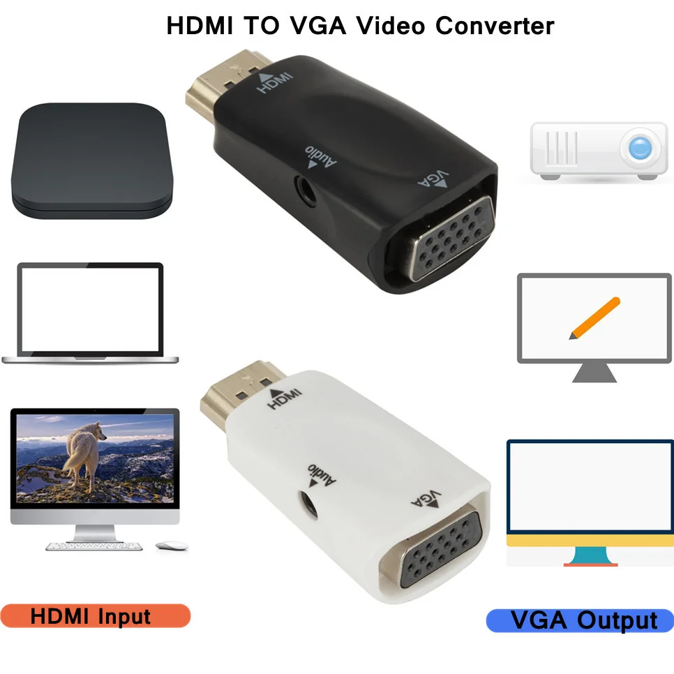 Męski na HDMI dla kobiety-kompatybilny z Adapter VGA HD 1080P Audio kabel konwertera do laptopa PC TV, pudełko monitor do komputera projektor