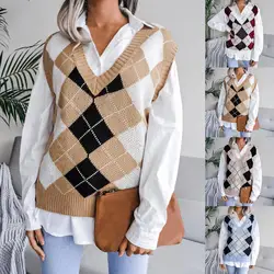 2021 New Simple Sweater Vest Plaid High Elasticity Women Loose Sleeveless V Neck Knitted Vest Streetwear for Daily Wear