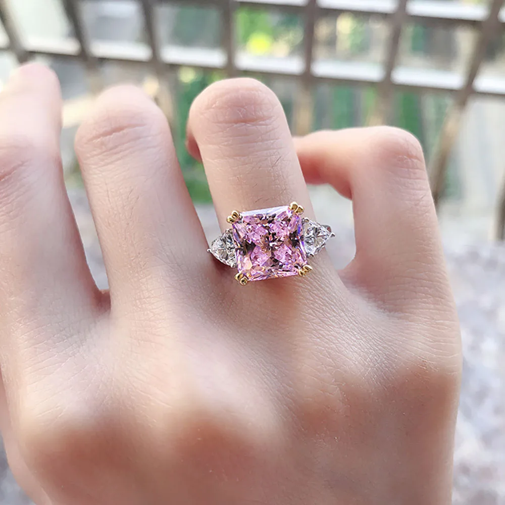 女性用スターリングシルバーとトパーズの結婚指輪,リング,2021スターリングシルバー,10x10mm,5カラット,プリンセス,スクエアピンククォーツ,ラボダイヤモンド,婚約,トレンド925