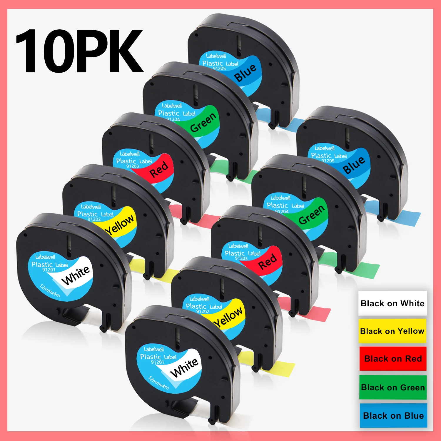 

10PK совместимый с Dymo LetraTag 91201 91202 12267 91200 91203 91204 91205 пластиковые этикетки 12 мм * 4 м для Dymo LT-100H XR