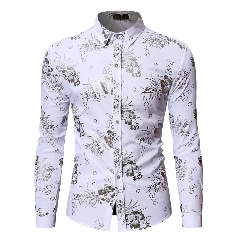 

White Floral Bronzing Luxury White Shirt Men 2021 Brand New Slim Fit Long Sleeve Button Down Nightclub Party Shirt Male Chemise