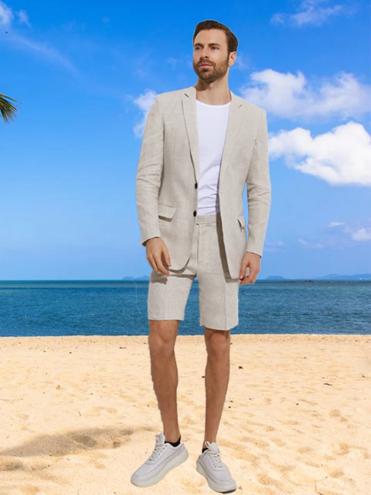 Custom Made Suits Summer Linen Suit Jacket with Shorts Sand Grey Beach Wedding Suits For Men Breathable Slim Tailored Groom Suit