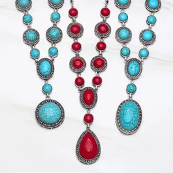 FLOLA Vintage Blue Red Stone Necklace Pendants Big Long Y Necklace with Stones Statement Jewelry for Women Gift nkea098