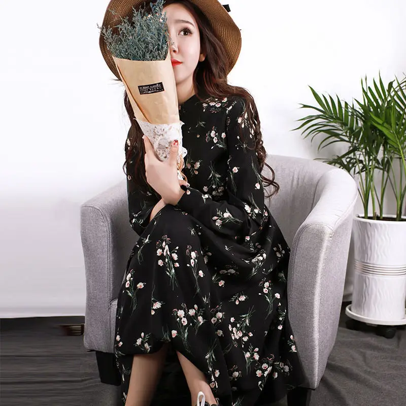 Long Sleeve Dress Women Floral-printed Chiffon Elegant Black Korean Style Leisure Slender Chic Student Streetwear Womens Vestido