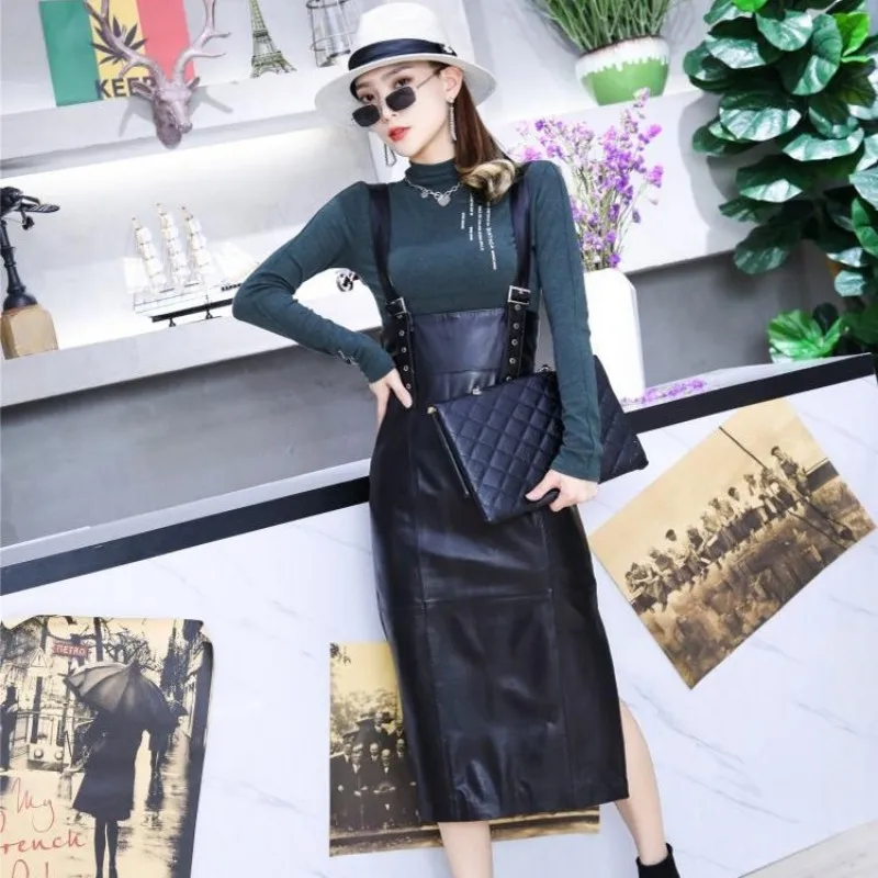 OL Style Womens Dress Genuine Leather Slim Fit High Waist Spaghetti Strap Dress Sexy Lady Wrap A-Line Mid-Calf Dress