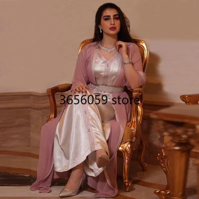 Diamond Belt Moroccan Takchita Party Kaftan Pink Chiffon Abaya Satin Inner Dress Saudi Middle East Muslim Party Eid Ramadan Robe