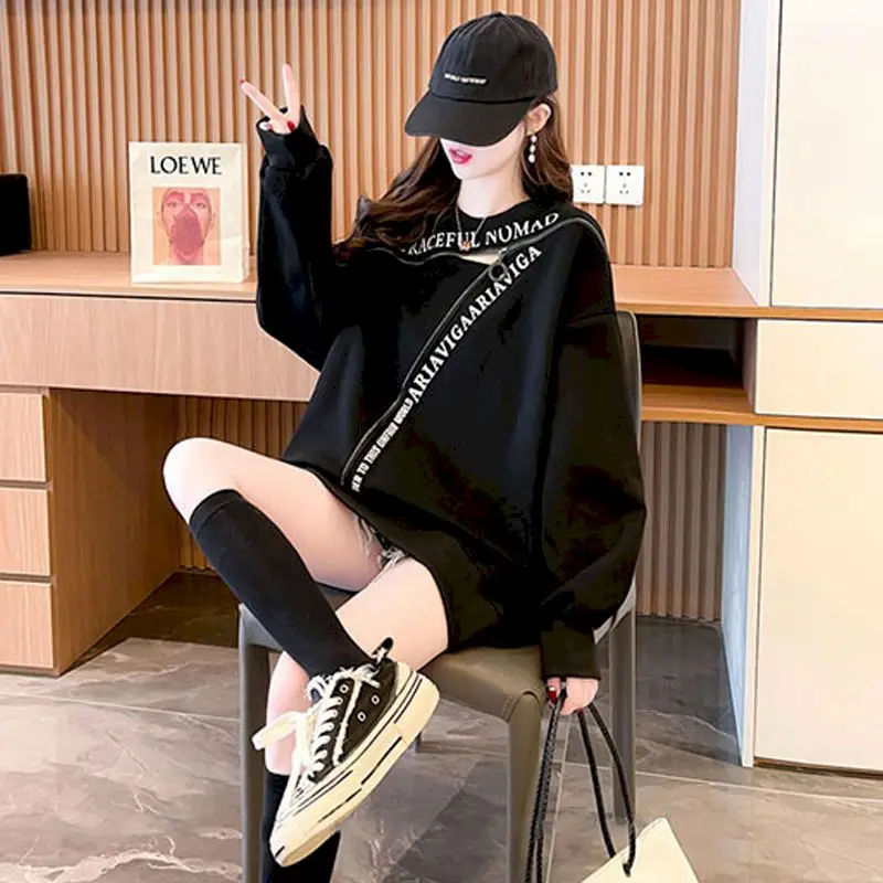 Womens Pullover Mid-length Printed Letter Sweatshirt Autumn 2024 Design Loose Hollowed Oversized Long Sleeve T Shirt Women Tops