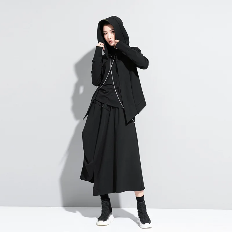 Ladies Hooded Coat Spring And Autumn Classic Dark Irregular Personality Fashion Trend Leisure Loose Large Size Top
