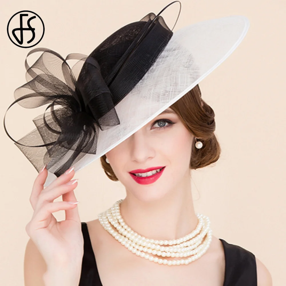 FS Black And White Patchwork Fascinator Hats For Wedding Church Sinamay Hats With Bowknot Kentucky Derby Hat Fedora Tea Party