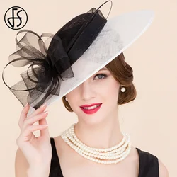 FS Black And White Patchwork Fascinator Hats For Wedding Church Sinamay Hats With Bowknot Kentucky Derby Hat Fedora Tea Party