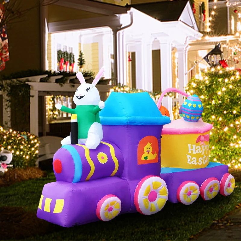 7 Ft Easter Inflatable Bunny Train Happy Easter Blow Up Inflatables with Bright Light Holiday Party Indoor Outdoor Yard Decor