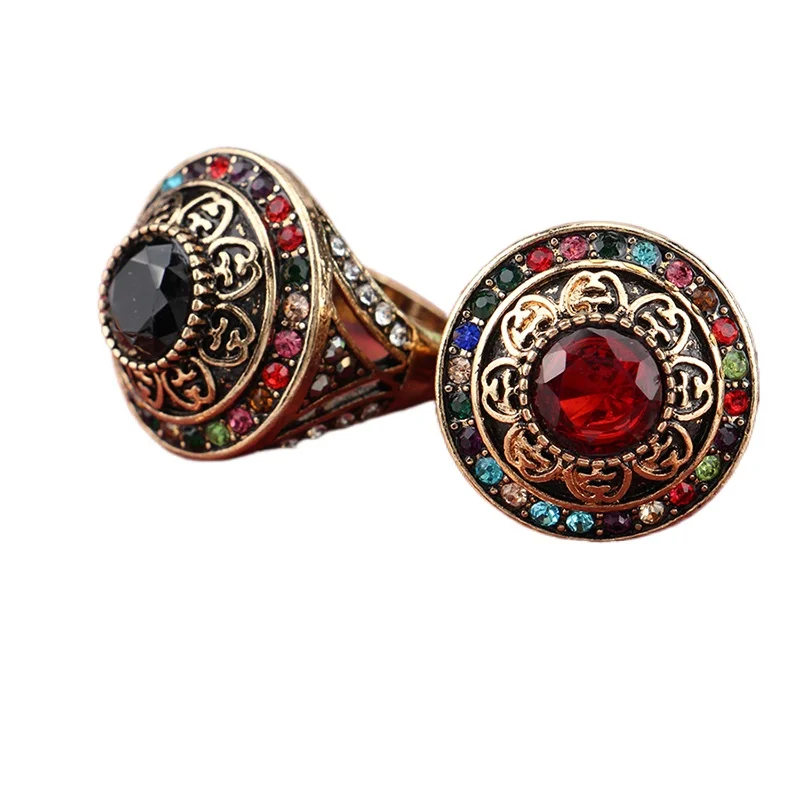 BUCOMEOI Royal Style Colorful Crystal Turkish Wide Ring Turkey Flower Round Resin Party Jewelry Vintage Lady Finger Ring