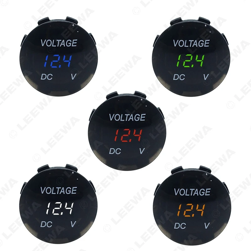 LEEWA10X  Waterproof 3-Color LED Digital Display Voltmeter Socket For Auto Motorcycle Car Round Panel Voltage Meter Gauge Tester