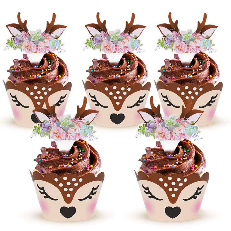 24Pcs/Set Elk Deer Cake Border Baby Cake Topper Kids Birthday Cupcake Wrapper Decorating Tool Christmas New Year Party Supplies
