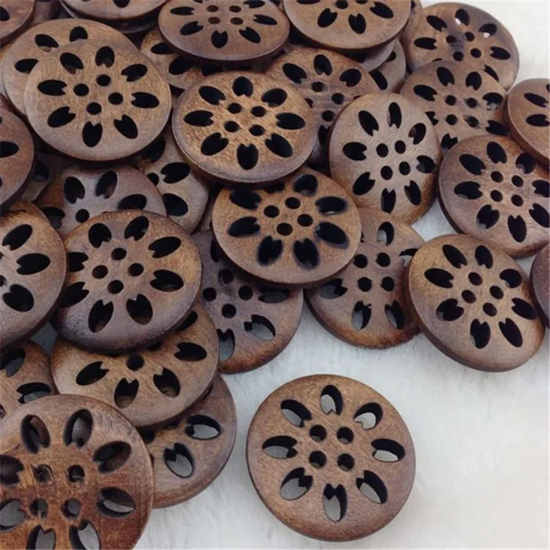 20 Pcs 25mm Wooden Buttons Sewing Snowflake Carved 4 Holes Brown Scrapbooking WB215