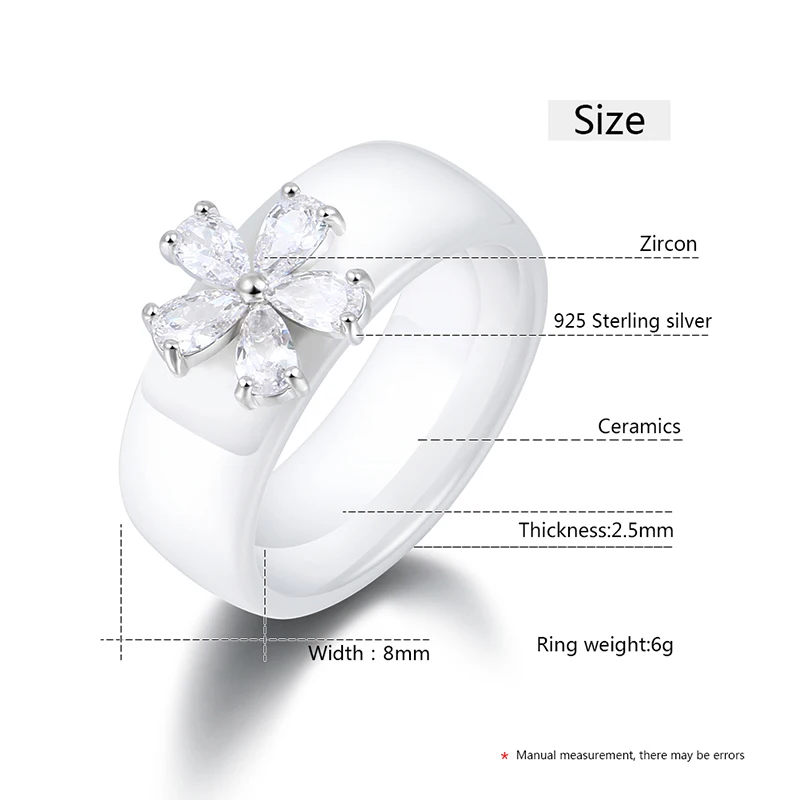 925 Silver CZ Crystal Women Ring Bling White Stone Flower Shape Healthy Ceramic Rings Fashion Women Chritmas  Jewelry Gift