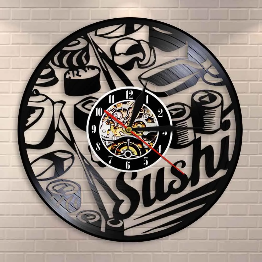 Sushi Handmade Decor Original Gift Vinyl Record Wall Clock Janpanese Delicious Food Sushi Hanging Art Decor For Sushi Shop