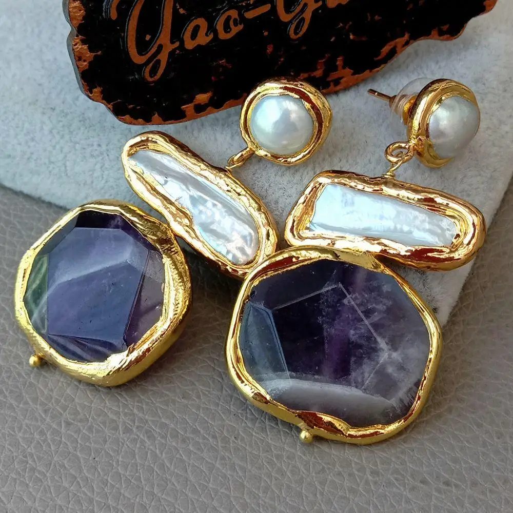 YYGEM Natural Amethyst faceted nugget pave  White Biwa Keshi Pearl Freshwater Gold Plated Stud Earrings