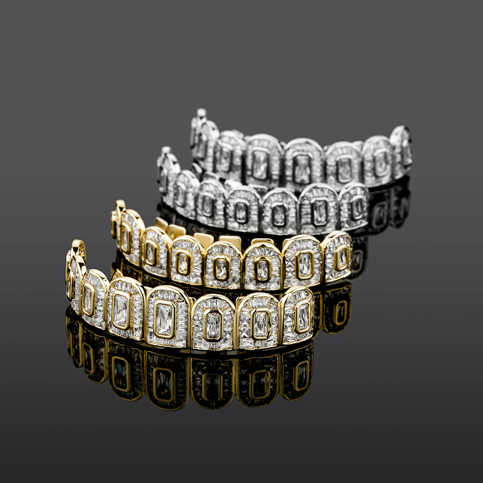 GUCY Gold Silver Color All Iced Out Hip Hop Teeth Grillz Micro Pave Cubic Zircon Top & Bottom Grills Set For Men Gift