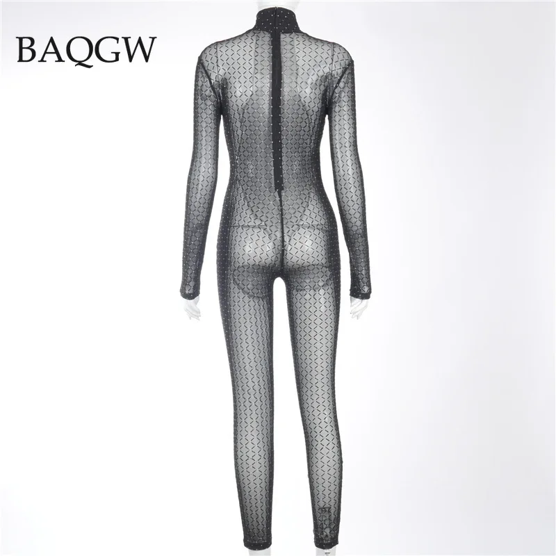 Mesh Plaid Sheer Jumpsuit Women Turtleneck Full Sleeve Streetwear Sexy See Through Skinny Night Clubwear Zip One Piece Outfits