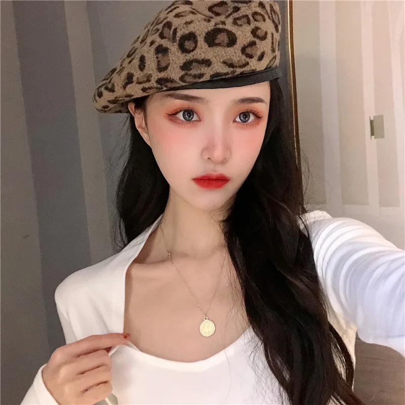 Autumn Classic Leopard Print Rabbit Fur Leather Stitching Female Beret Fashion Outing Painter Woman\'s Pumpkin Cap Octagonal Hat