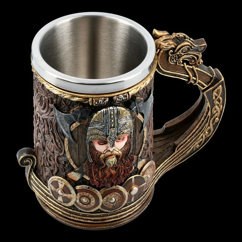 God Odin  Viking Tankard Mug 600ml 304 Stainless Steel Insert Resin Nordic Coffee Beer Mugs Cup Halloween Birthday Gift