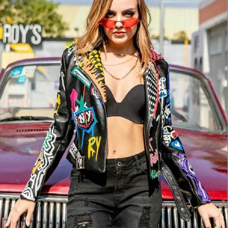 Spring and Autumn Punk High Waist Faux Leather Jacket Women Graffiti Studded Rivet Fashion Streetwear Short Motorcycle Coat
