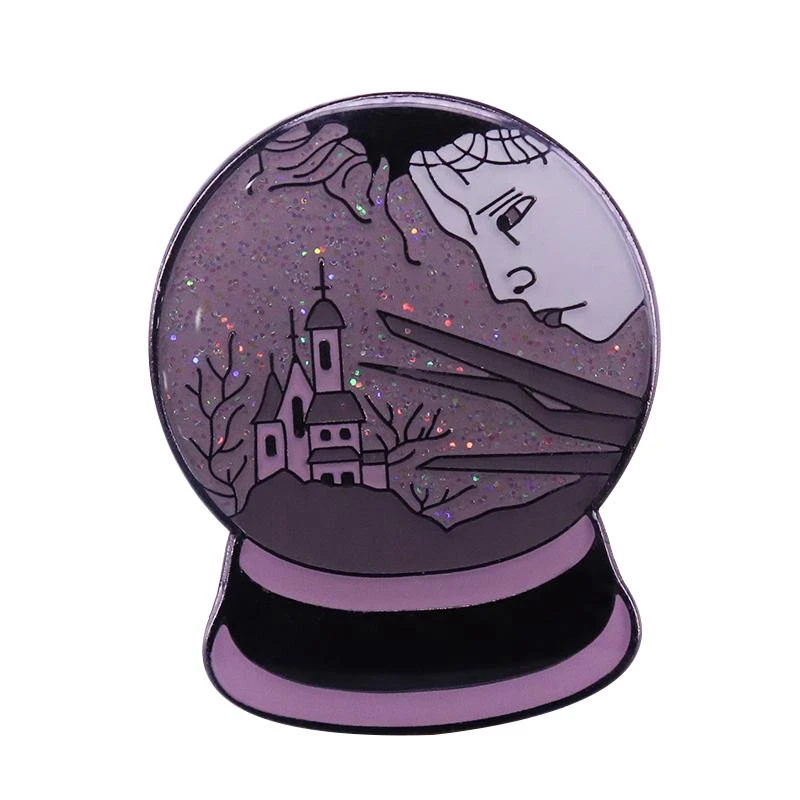 Edward Scissorhands Halloween Brooch Sad Castle Snow Globe Glitter Pin Classic Movie Fans Gift