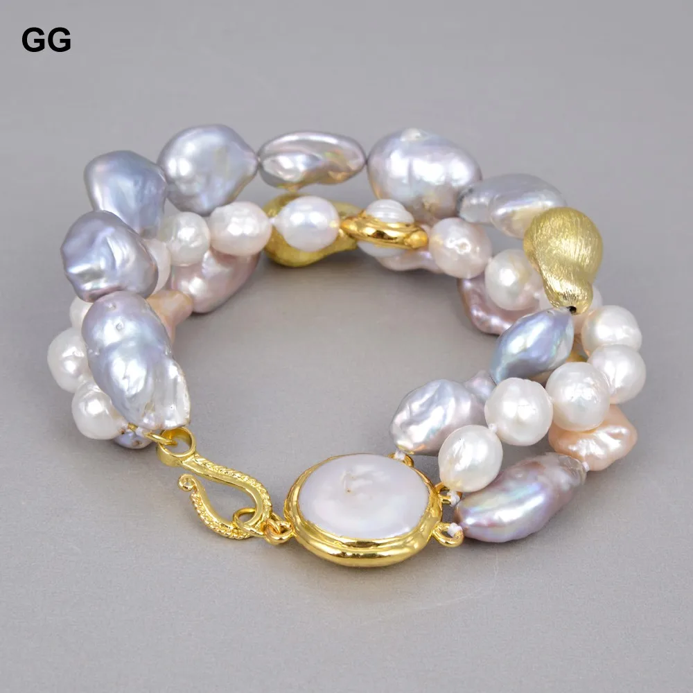 GuaiGuai Jewelry 8'' Natural White Keshi Gray Baroque Purple Biwa Pearl Bracelet Golden Coin Pearl Connector Classic For Women