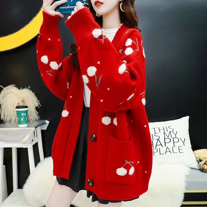 Autumn Fashion Cherries Embroidery Mid-length Cardigans Womens V-Neck Bat Sleeve Pocket Knitting Sweater Coat Loose Ladies Tops