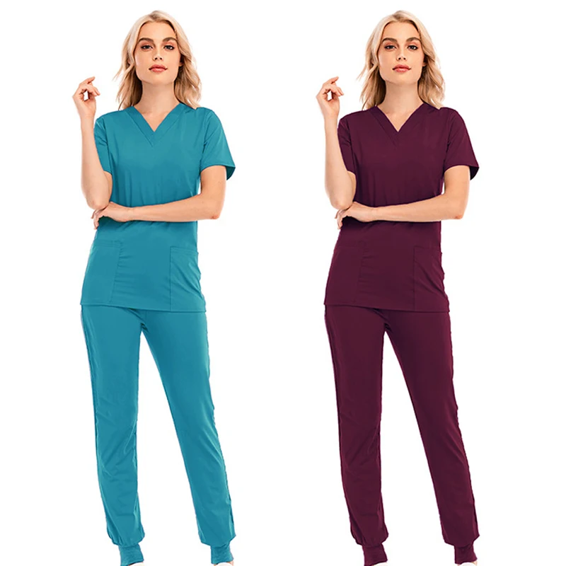 S-2XL Solid Colors Solid V-neck Pocket Scrub Hospital Uniform Set Women Surgical Scrubs Joggers Top Pants Suits