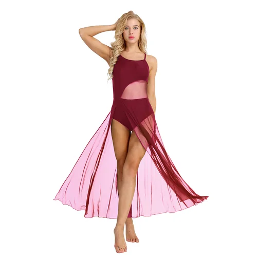 Imagen 2 del producto Leotardo de gimnasia y Ballet para mujer, vestido de danza lírica contemporánea, sin mangas, superposición de malla transparente, Maxi vestido dividido, Ropa de baile moderna