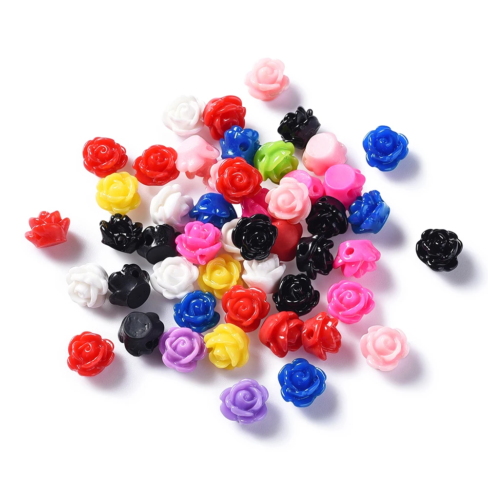 Pandahall 50pcs 9x7mm Colorful Rose Flower Floral Opaque Resin Drilled Beads for Earring Jewelry Accessoreis with 2 Holes: 1mm